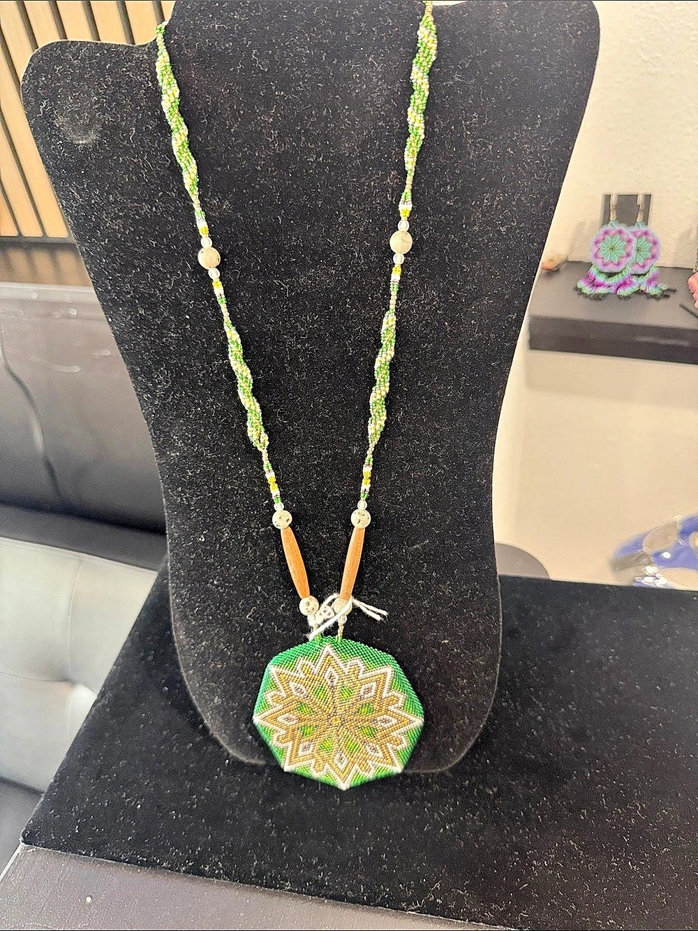 Hand Beaded native Pendant Necklace in Green & Orange